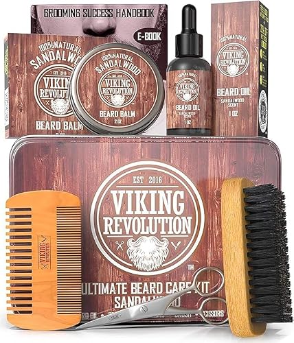 Viking Revolution Ultimate Beard Kit - Sandalwood, 5 Pcs with Metal Box | Complete Multi-Piece Men's Gift Box - Features Boar Brush, Wood Comb, Sandalwood Balm & Oil, Scissors for Beard & Mustache