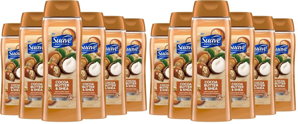 Suave Moisturizing Body Wash, Cocoa Butter and Shea with Vitamin E Extract, No Parabens, No Phtahaltes, 18 Oz (Pack of 12)