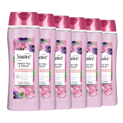 Suave Moisturizing Body Wash, with Sweet Pea Violet and Vitamin E Extract, No Parabens, No Phtahaltes, 18 Fl Oz (Pack of 6)