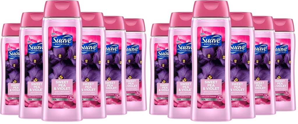 Suave Moisturizing Body Wash,with Sweet Pea Violet and Vitamin E Extract,No Parabens,No Phtahaltes,18 Fl Oz,(Pack of 12)