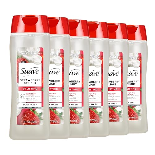Suave Strawberry Delight Uplifting Body Wash, Formulated with Glycerin and Vitamin E for Hydrating and Gently Cleansing Skin, 18 FL OZ, 6 Pack