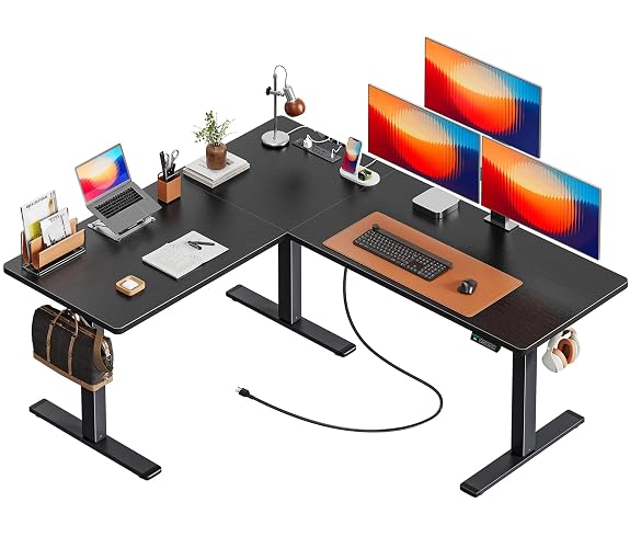 Huuger 63 x 55 Inch L Shaped Standing Desk with Power Outlets | Height Adjustable Computer Desk for Bedroom, Corner Stand up Desk for Home and Office, Work and Study, Black