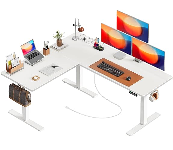 Huuger 63 x 55 Inch L Shaped Standing Desk with Power Outlets | Height Adjustable Computer Desk for Bedroom, Corner Stand up Desk for Home and Office, Work and Study, White