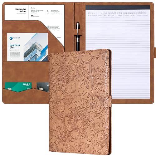 Mymazn Padfolio, Portfolio Binder, Legal Pad Holder, Resume Folder | Embossed Faux Leather Document Organizer, Business Card Holder, Letter-Size Notepad for Interview, Men & Women, Brown
