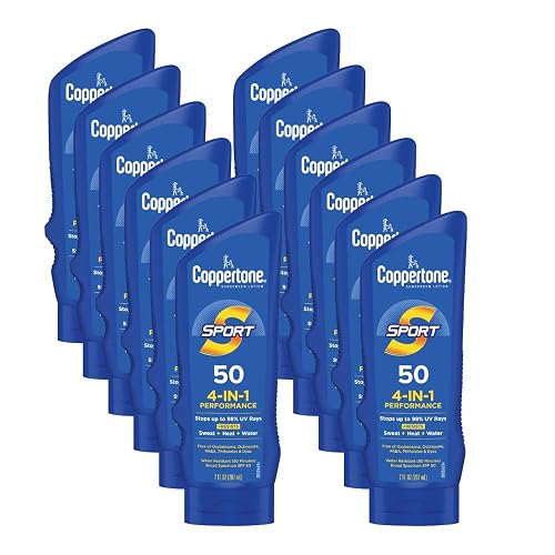 Coppertone SPORT Sunscreen Lotion SPF 50, Multipack, 12 x 7 FL OZ | Sunscreen Lotion with Vitamin E, Sweat, Heat and Water Resistant, PABA, Oxybenzone, Octinoxate, Paraben and Dye Free