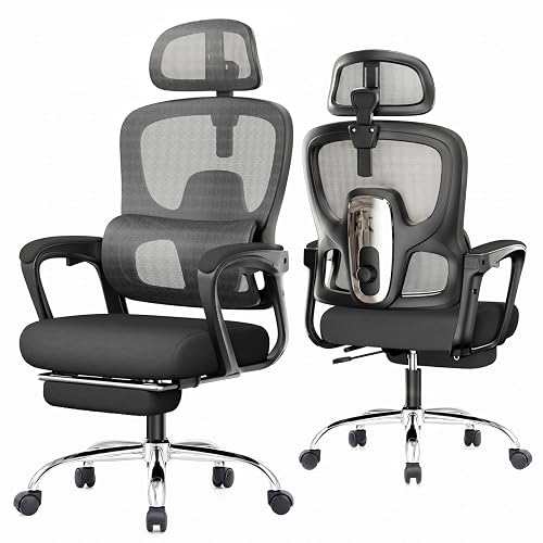 Ergonomic Office Chair with Footrest, 90-145° Reclining Mesh Desk Chair | Adjustable Lumbar Support & Headrest, High Back Mesh Computer Chair for Home Office/Gaming, 350lbs Capacity