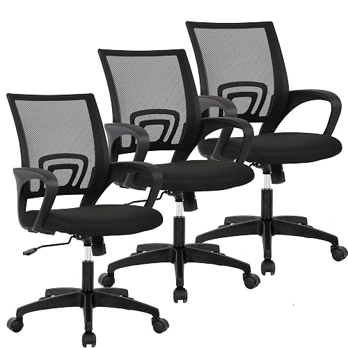 BestOffice Ergonomic Office Chair | Mid-Back Swivel Desk Chair | Black | with Lumbar Support, Adjustable Height & Breathable Backrest | Sponge Seat & Rolling Wheels | for Home, Office | Pack of 3