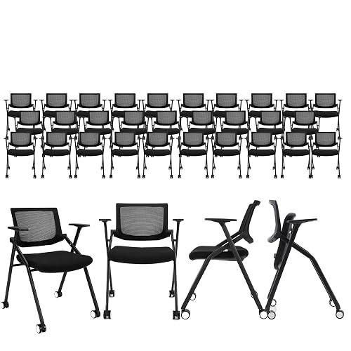 30 Pack Conference Room Chairs with Wheels and Paddle, Ergonomic Mesh Back and Arms for Meeting, Conference, Reception, Training Room & Home Office Desk Folding Chairs