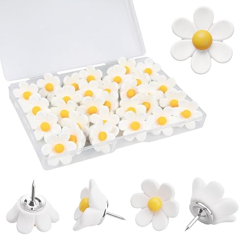 30 Pcs White Flowers Push Pins Decorative Thumb Tacks | Cute Office Decor for Women Cork Board Bulletin Board, Maps and Other Offices Schools Supplies