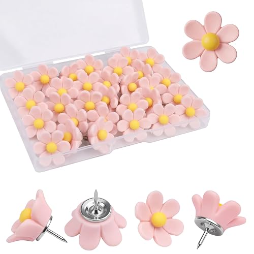 30 Pcs Light Pink Flowers Push Pins Decorative Thumb Tacks | Cute Office Decor for Women Cork Board Bulletin Board, Maps and Other Offices Schools Supplies