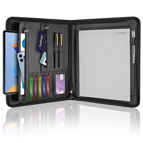 Faux Leather Padfolio Portfolio Binder Organizer with Zipper for Men Women | 25 Pages Notepad 13" Tablet Sleeve, for Letter Size A4 Legal Writing Pad Document, Conference Meeting Business Folder