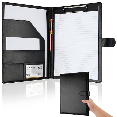Professional Padfolio with Clipboard, Faux Leather Portfolio Folder Binder | Black Legal Pad Holder for A4 Letter Size Notepad, Resume, Notebook Cover Organizer for Business Office Conference