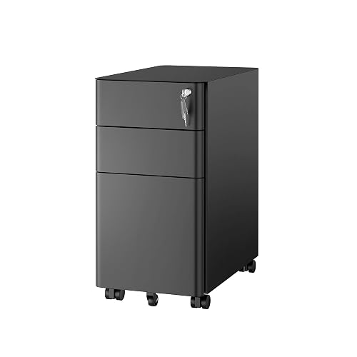 Mount-It! Slim 3 Drawer Rolling File Cabinet with Lock, Mobile Metal Filing Cabinet on Wheels for Under Desk Home & Office Storage, Letter Legal A4, Black