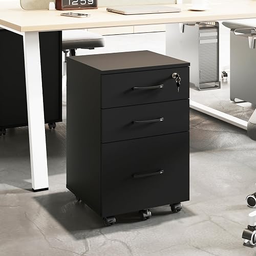 ALBSL File Cabinet with Lock,3 Drawer Wood Rolling Filing Cabinets Under Desk for Home Office, Office Storage Cabinet fits Letter/A4 Size,Mobile Filing Cabinet Printer Stand,Black