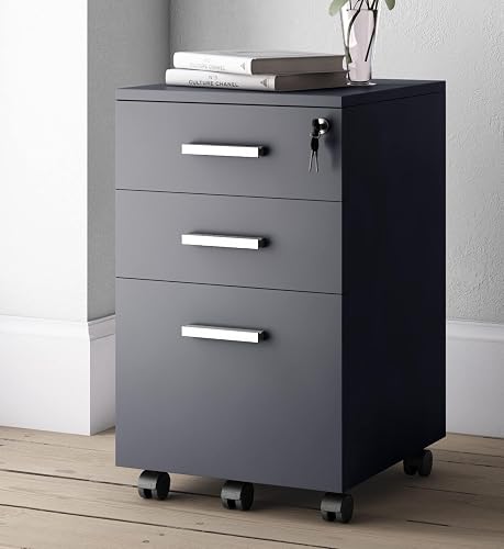 Modern Designs Lazio Black File Cabinet, Filing Cabinets for Home Office, Drawers for Under Desk, Locking 3 Drawer Rolling Wood File Cabinet with Lock, by Crafts and Comfort