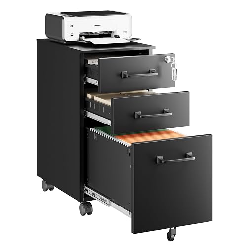Letaya 3 Drawer Mobile File Cabinet with Lock,Under Desk Metal Filing Cabinets for Home Office Organizer,Small Rolling Printer Stand with Wheels,for Letters/Legal/A4(Assembly Required) (Black)