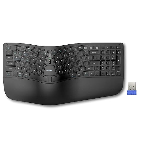 TECKNET Wireless Ergonomic Keyboard Rechargeable, 2.4G+Bluetooth Ergo Cordless USB Computer Keyboard, Wrist Rest, Natural Typing, Stain-Resistant Fabric, Compatible For Windows Computer Desktop Laptop