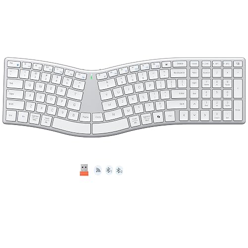 MEETION Wireless Ergonomic Keyboard, Split S-Curve, Bluetooth & 2.4G, White | Rechargeable full-size keyboard with slim low-profile keys, Bluetooth and 2.4G wireless for Windows, Mac, PC and laptop