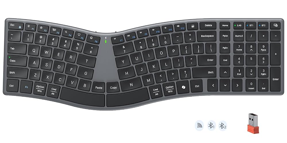 MEETION Wireless Ergonomic Keyboard, Split S-Curve, Bluetooth & 2.4G, Black | Rechargeable full-size keyboard with slim low-profile keys, Bluetooth and 2.4G wireless for Windows, Mac, PC and laptop