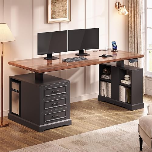 SEDETA 63" Farmhouse Electric Standing Desk with 3 Drawers, Storage Shelves | Height Adjustable Computer Desk with Power Outlets, 28"W Desktop, Wood Home Office Stand up Desk for Work, Study, Black