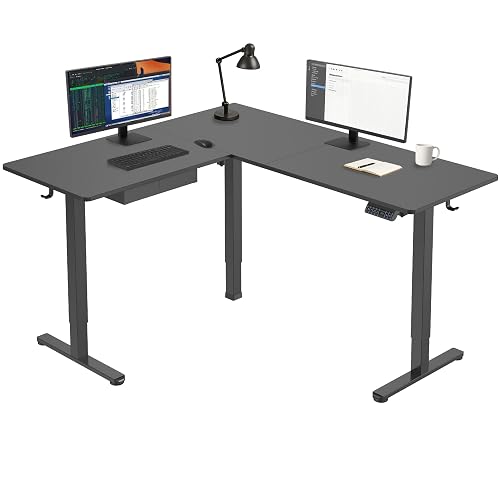 Mount-It! L Shaped Electric Standing Desk - Large Dual Motor Corner Height Adjustable Sit Stand Workstation Height Range 28.3-46.5", 3 Memory Settings, Steel Legs, Black Steel Frame, Black Tabletop
