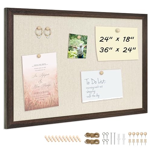 DOLLAR BOSS Bulletin Boards with Linen, 36"x24" Cork Board, Dark Walnut | Double-Sided Corkboards for Walls, Decorative Pin Board, Photo Display, For Office Home School Dorm, 10 Pushpins 10 Clips