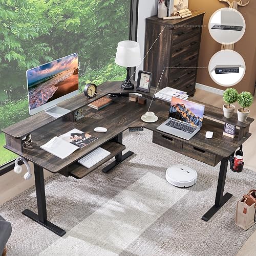 RedLemon 60 Inches L Shaped Electric Standing Desk, Dark Rustic Oak | Height Adjustable Corner Gaming Desk with Drawer, Keyboard Tray, Power Outlets & LED Lights, Computer Desk w/ Monitor Shelf