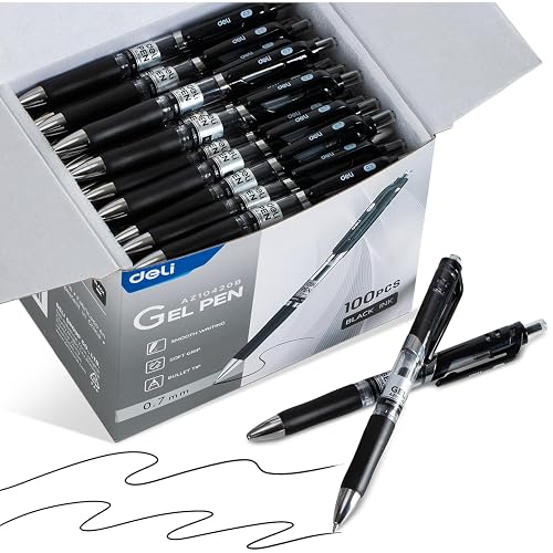 deli Gel Pens, 100 Pcs Retractable Pens Black Ink, Medium Point Pen 0.7mm | Smooth Writing, Fast Dry, No Bleed for Journaling Note Taking, Home School Office Supplies