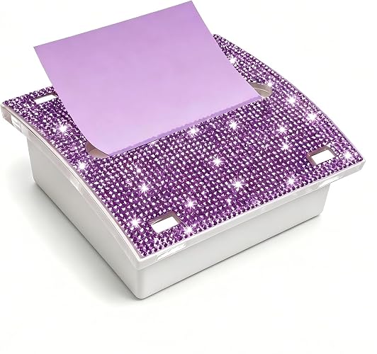 Pop up Sticky Note Dispenser,Rhinestone Self Sticky Note Holder,3×3inches,Post it Note Holder,Cute Purple Desk Accessories for Office Supplies,Office Desk Decor(White Purple)