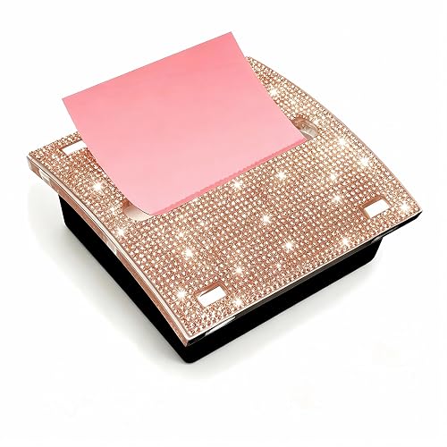 Rhinestone Self Pop up Sticky Note Holder,Bling Sticky Note Dispenser,Cute Desk Accessories for Office Supplies,Office Desk Decor (Black Rose Gold)