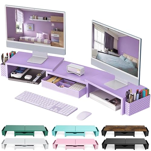 gianotter Dual Monitor Stand Riser With Drawer and 2 Pen Holders | Computer Monitor Stand Desk Organizer and Accessories Desk Shelf for Top of Desk (Purple)