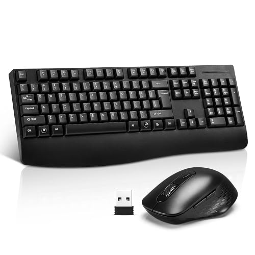 Wireless Computer Keyboard And Mouse Combo with Palm Rest, Large Number Pad, LED Indicators，2.4Ghz Ergonomic, Foldable Stands,Anti-Wear Letters Full Size Keyboard for Windows Mac PC Laptop-Black