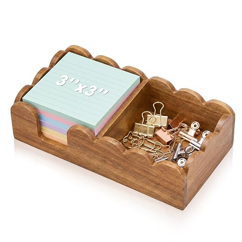 Threehoney Scalloped Acacia Sticky Note Holder 3 x 3 for Office, Brown | Wooden Sticky Notes Organizer for Note Pads, Cute Paper Clip Storage, Decorative Post & Memo Pads Holder, Teacher Gift