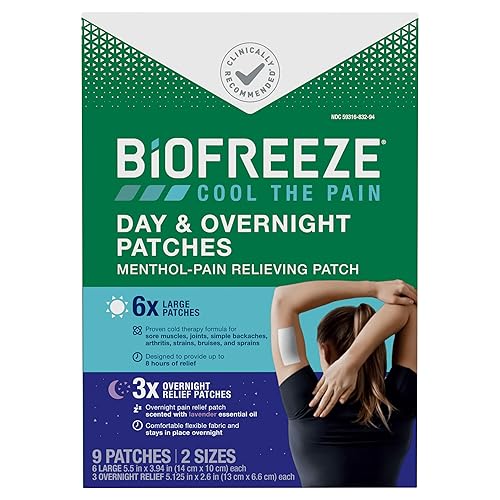 Biofreeze Day & Overnight Pain Relief Patches, Menthol Pain Patches for Arthritis & Muscle Pain Relief, Comfortable & Flexible Fabric Stays in Place, 9 Patches (6 Day, 3 Night)