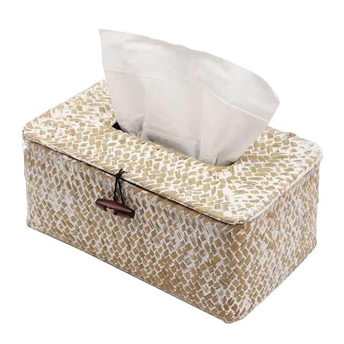 Shonmogar Tissue Box Cover Rectangle Seagrass Tissue Box,Woven Tissue Box Holder with Lid,Farmhouse Tissue Cover for Bathroom Toilet Living Room Bedroom Kitchen Table Desk Office,Whitewash