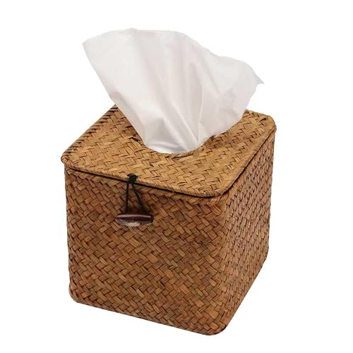 Shonmogar Seagrass Tissue Box Cover Square Tissue Box,Woven Tissue Box Holder with Lid, Rustic Tissue Cover for Bathroom Vanity Toilet Living Room Bedroom Kitchen Office Desk Car, Caramel