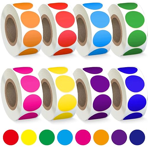 4000 Pcs Colored Dot Stickers, 8 Color Coding Circle Labels, 3/4" Round Dot | 8-Roll Value Pack, Easy Peel, Strong Adhesion, Rolls Up for Easy Storage, Assorted Colors for Organizing, Office, Business