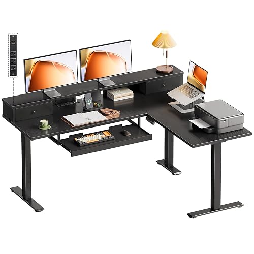 OffiGo 59 Inch L Shaped Electric Standing Desk with Drawers, Black | Monitor Stand, Keyboard Tray, Fabric Drawer, Power Outlets, Height Adjustable Corner Stand Up Desk for Organized Home Office