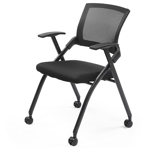 Stackable Conference Room Chair with Wheels, Folding Office Chair with Rebound Back & Padded Seat, 350 lb Capacity, Black – Ideal for Training, Guest, Reception & Event Seating