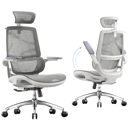SIHOO M59AS Ergonomic Office Chair, Dual Backrest, Adaptive Lumbar Support | 3D Flip-Up Armrests, FULL Breathable Mesh, Reinforced Aluminum Base, 330 lb, Comfort That Moves With You, Grey