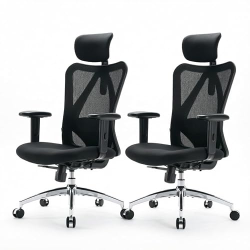 SIHOO M18 Ergonomic Office Chair, High Back Mesh Desk Chair with Adjustable Headrest & Lumbar Support, 330lbs Capacity Computer Chair with 2D Armrests & Wide Cushion, Tilt Lock, 2 Packs-Black