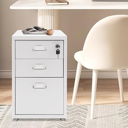 Wawuwao File Cabinet, 3-Drawer Vertical File Cabinet with Lock and Wheels, Metal Mobile Filing Cabinets Under Desk for Home Office (White)