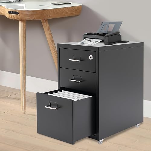 Wawuwao File Cabinet, 3-Drawer Vertical File Cabinet with Lock and Wheels, Metal Mobile Filing Cabinets Under Desk for Home Office (Black)
