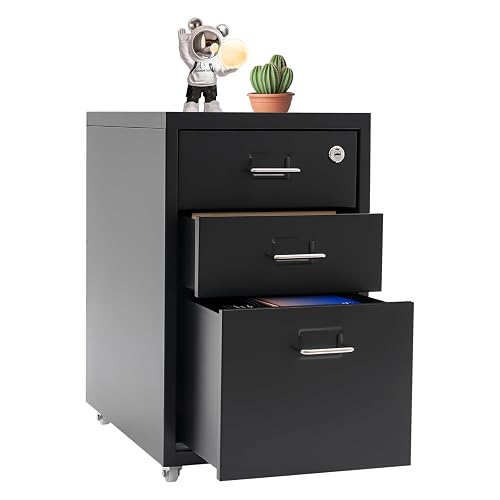 Galakaco 3 Drawer Rolling File Cabinet with Lock, Metal Filing Cabinet with Wheels, Desk Organizer with Drawer, Under Desk Storage for Home Office