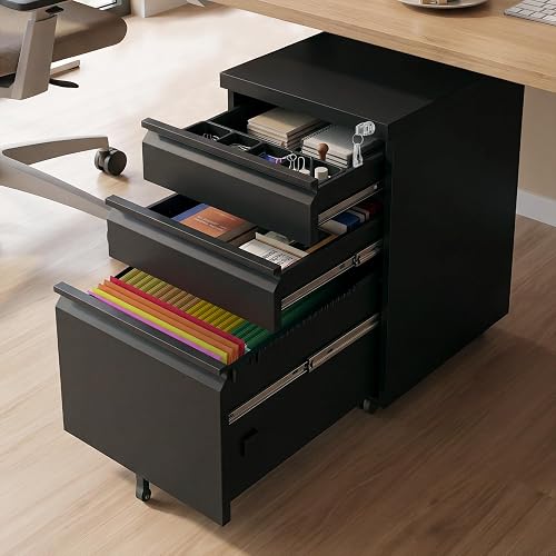 TEEALUBAN 3 Drawer File Cabinet with Lock, Black Metal on Wheels | Small under-desk cabinet for letter, legal and A4 files; 2 supply drawers and 1 file drawer. Assembled except casters.