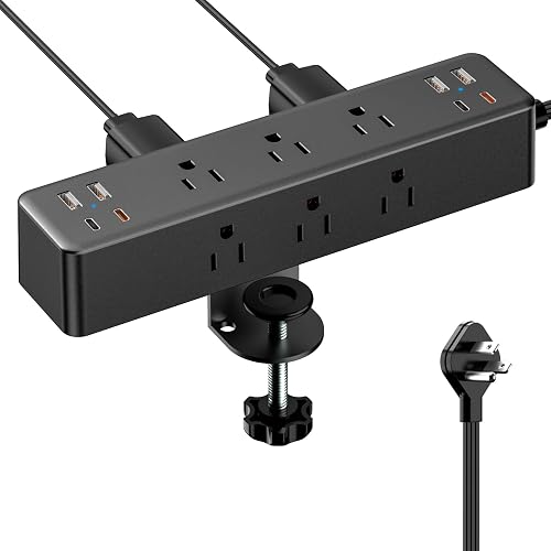 Desk Clamp Power Strip 10FT, Acozvin 40W Total Fast Charging Station | 9 AC Outlets 8 USB Ports(4 USB C), 2 PD20W USB C Ports, Flat Plug Extension Cord, Desk Edge Mount, Fit 1.7" Tabletop Edge