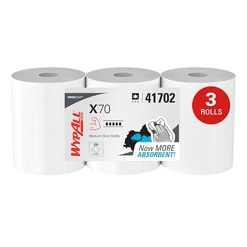 WypAll PowerClean X70 Medium Duty Cloths, 3 x 275 Towels (41702) | Center-Pull Rolls, White Towels, Thick & Durable, High Fluid Absorbency, Strong Enough to be Reused