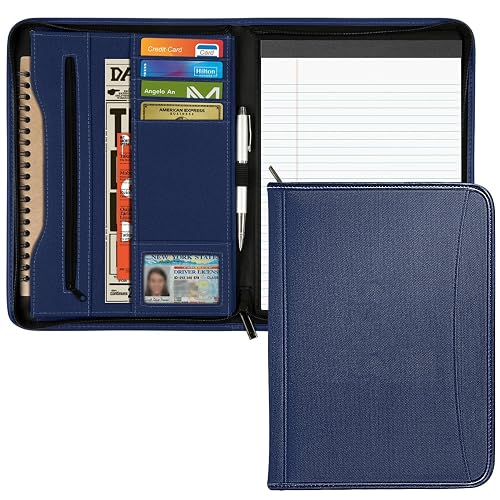 Gorbado Zippered Portfolio Organizer/ A4 Refillable Lined Writing Notepad Folder Case/Fabric-Covered Padfolio Binder with Interior Storage Pocket for Men Women, Navy Blue