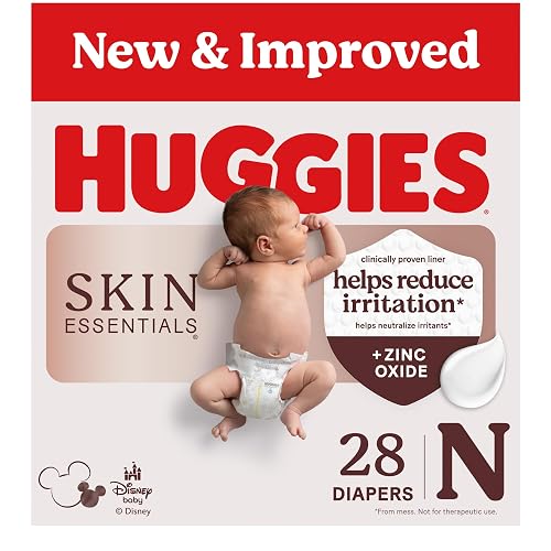 Huggies Skin Essentials Newborn Diapers, 28 Count | Zinc Oxide Enriched Liner, Rash Protection, Breathable Outer Cover, No Harsh Irritants, Dermatologist Tested