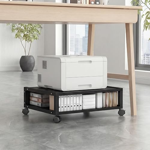 Zonon 2 Tier Printer Stand Under Desk with Wheels, Open Shelf, Black | 19.7x15.7x7.9 Inch Rolling Printer Table Cart, Short Storage Shelf with Lockable Wheels, for Home Office Organization